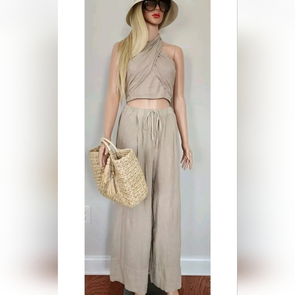 ZARA HALTER TOP SMOCKED BACK THICK STRAPS LINEN DARK BEIGE CROOPED TOP LARGE - Picture 3 of 16